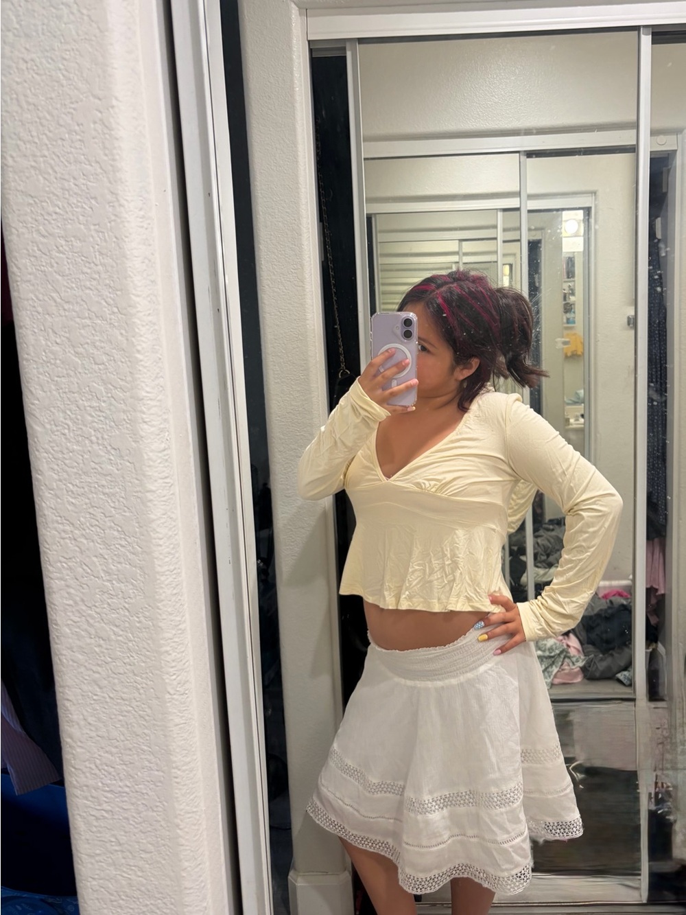 Cream Long-Sleeve V-Neck Peplum Top - Women's